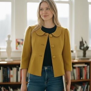 CeCe Mustard Yellow Peter Pan Collar Wool Blend Blazer